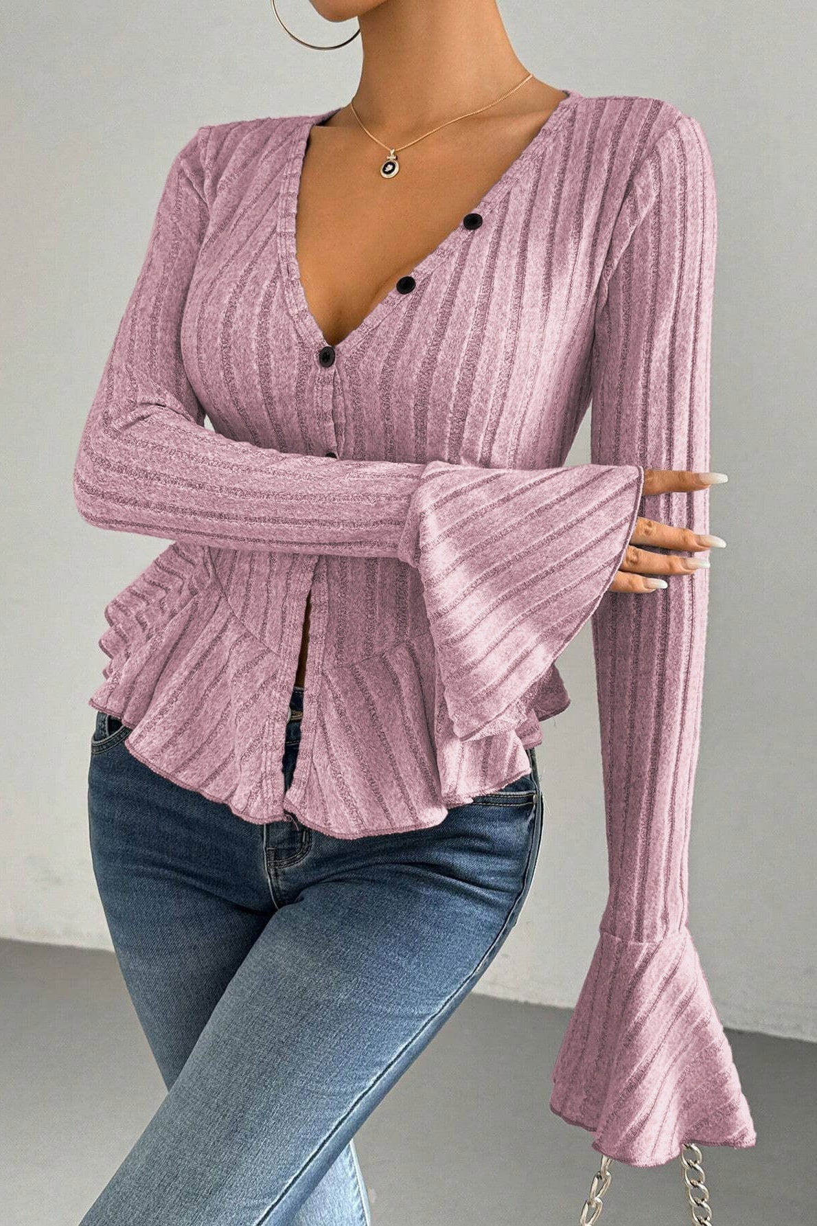 Flounced V-Neck Bodycon Knit Top image 4