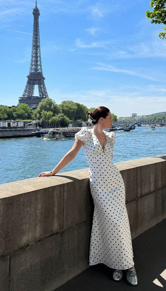 French Style Polka Dot V-Neck Bodycon Maxi Dress image 3