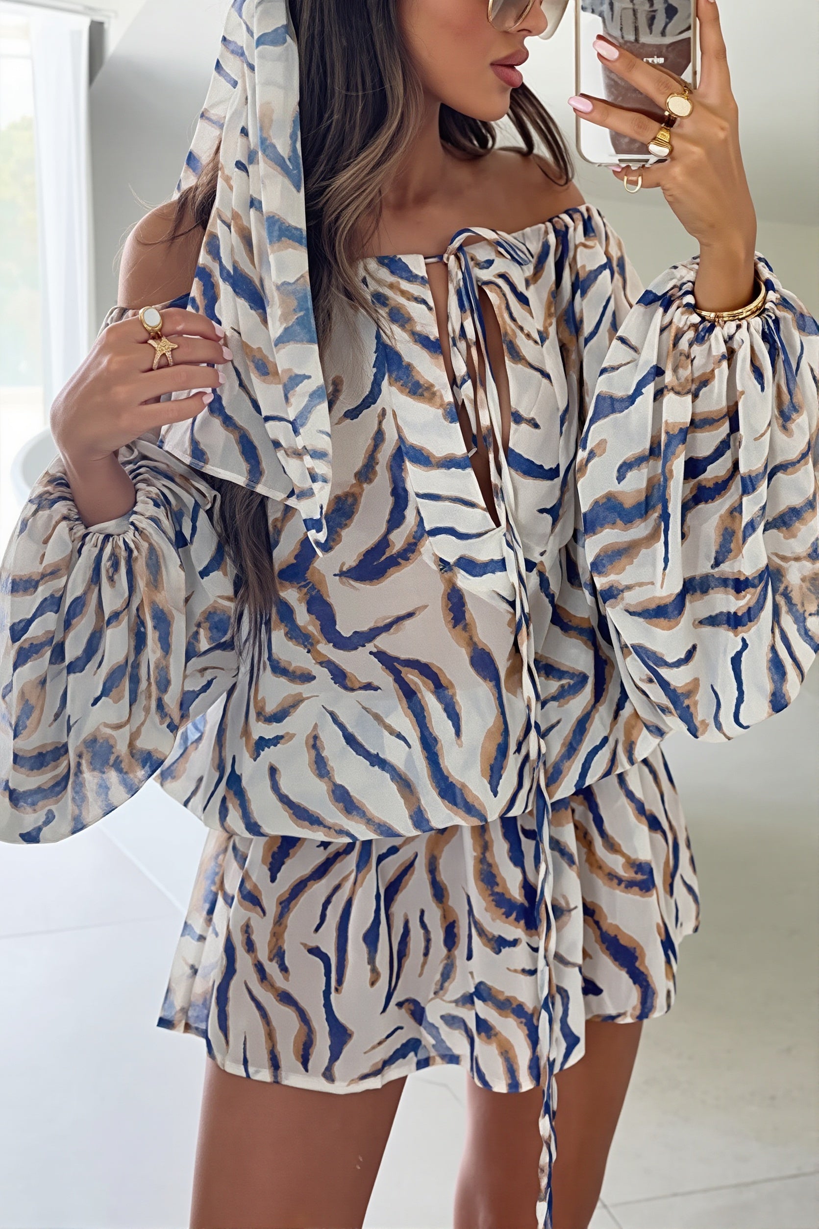 Zebra Print Flowy Off Shoulder Mini Dress image 2