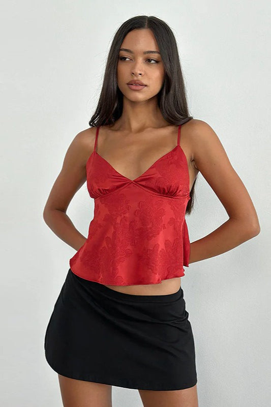 Minimal Deep V Solid Floral Jacquard Cami Top image 7
