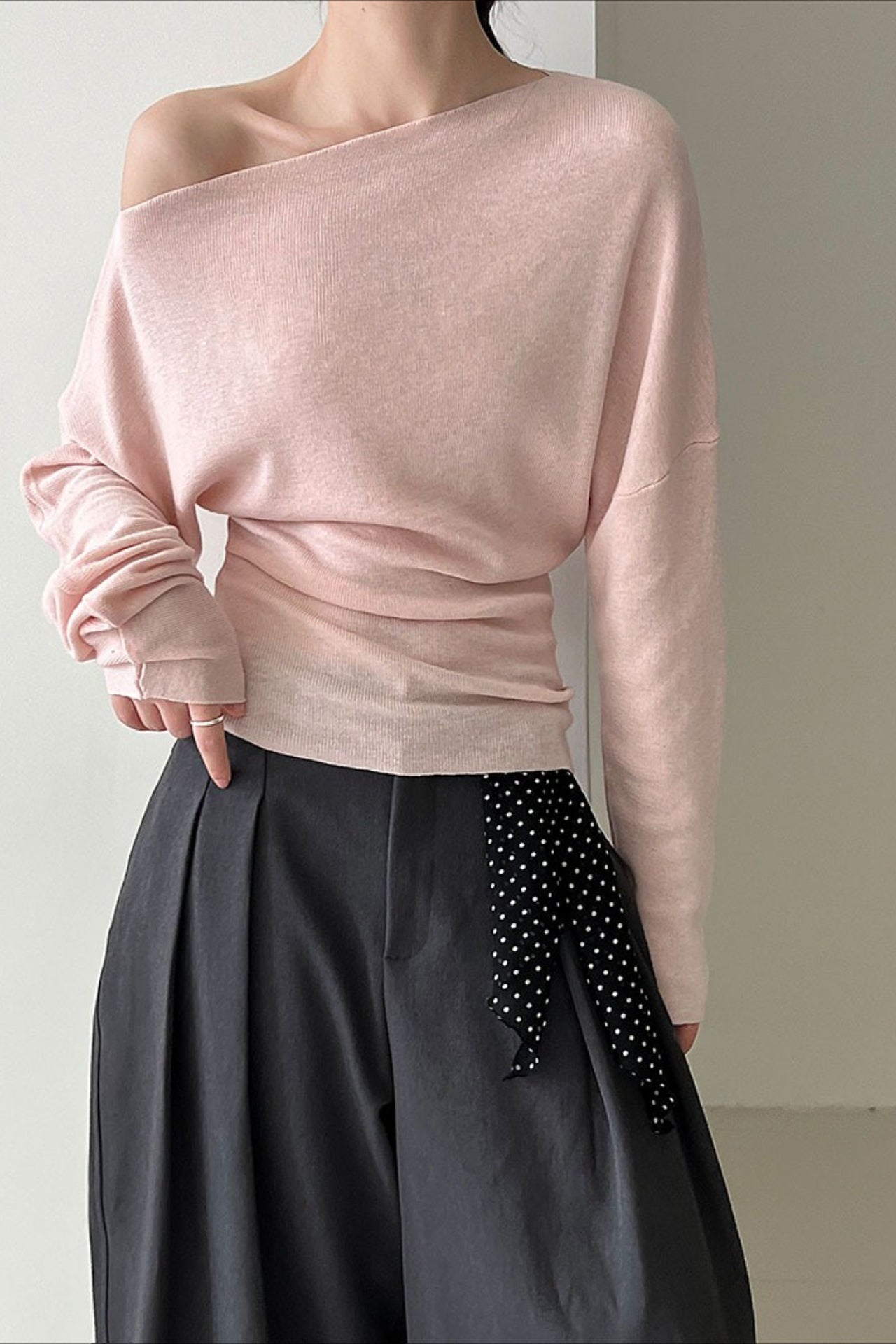 Waist Defining Asymmetric Shoulder Knit Top image 1