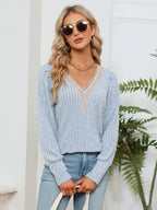 Rosalie Lace Ribbed Blouse detail view styled for Avrienne