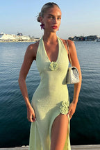Deep V Backless High Slit Knit Boho Dress image 3