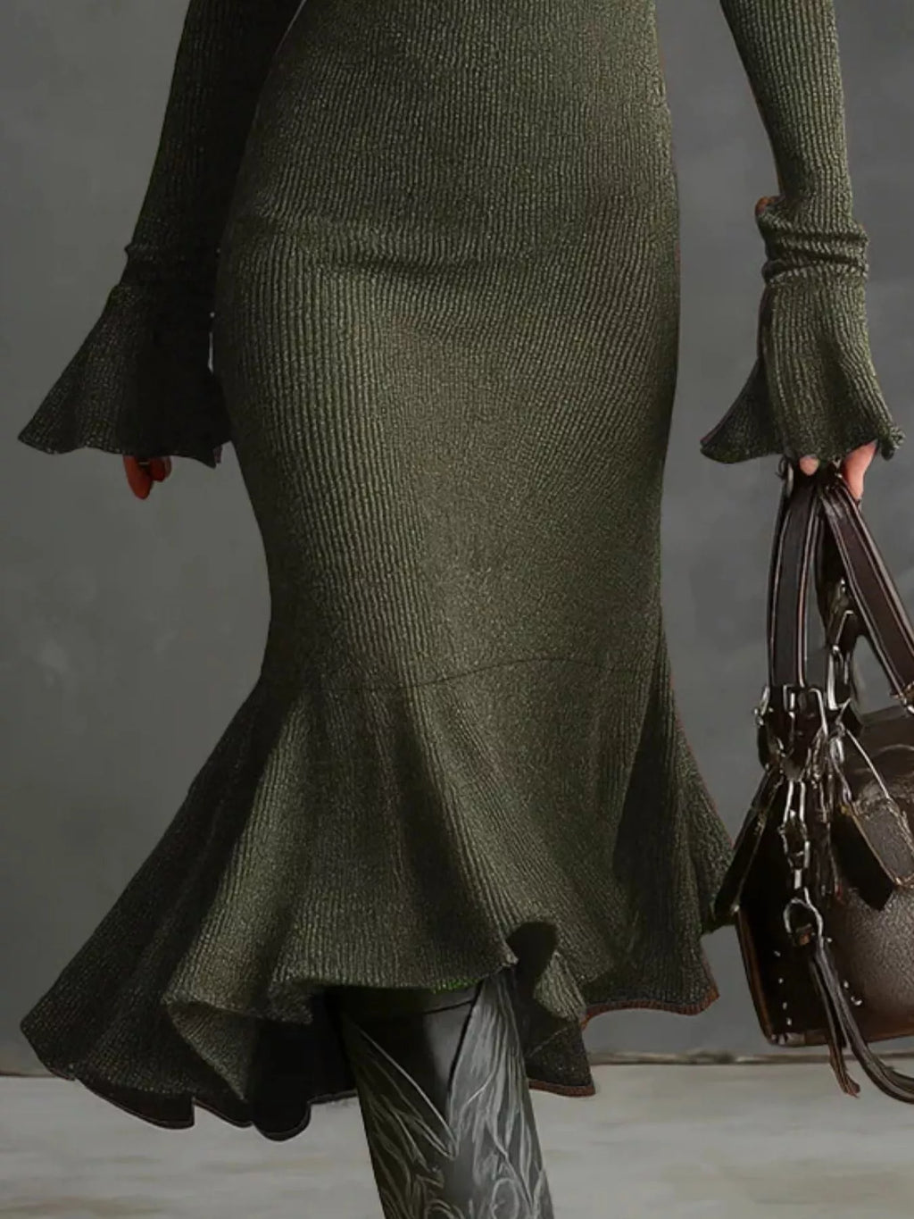 Valeria Ribbed Midi Dress detail view styled for Avrienne