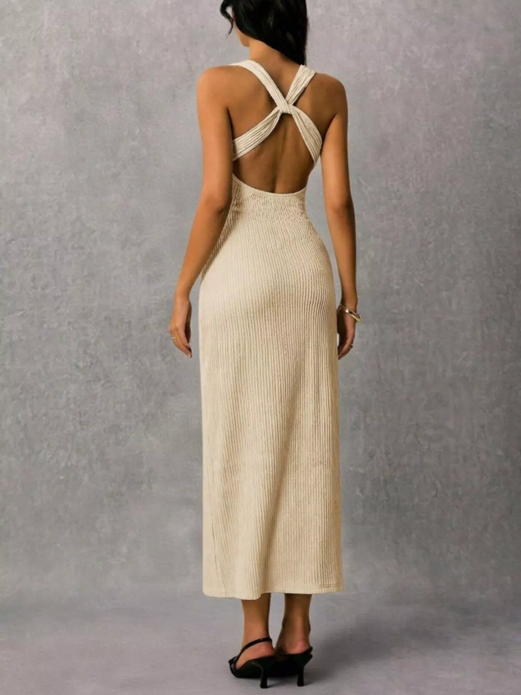 Solene Knit Midi Dress detail view styled for Avrienne