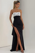 Chic Lace Trim Strapless Bodycon Slit Maxi Dress image 3