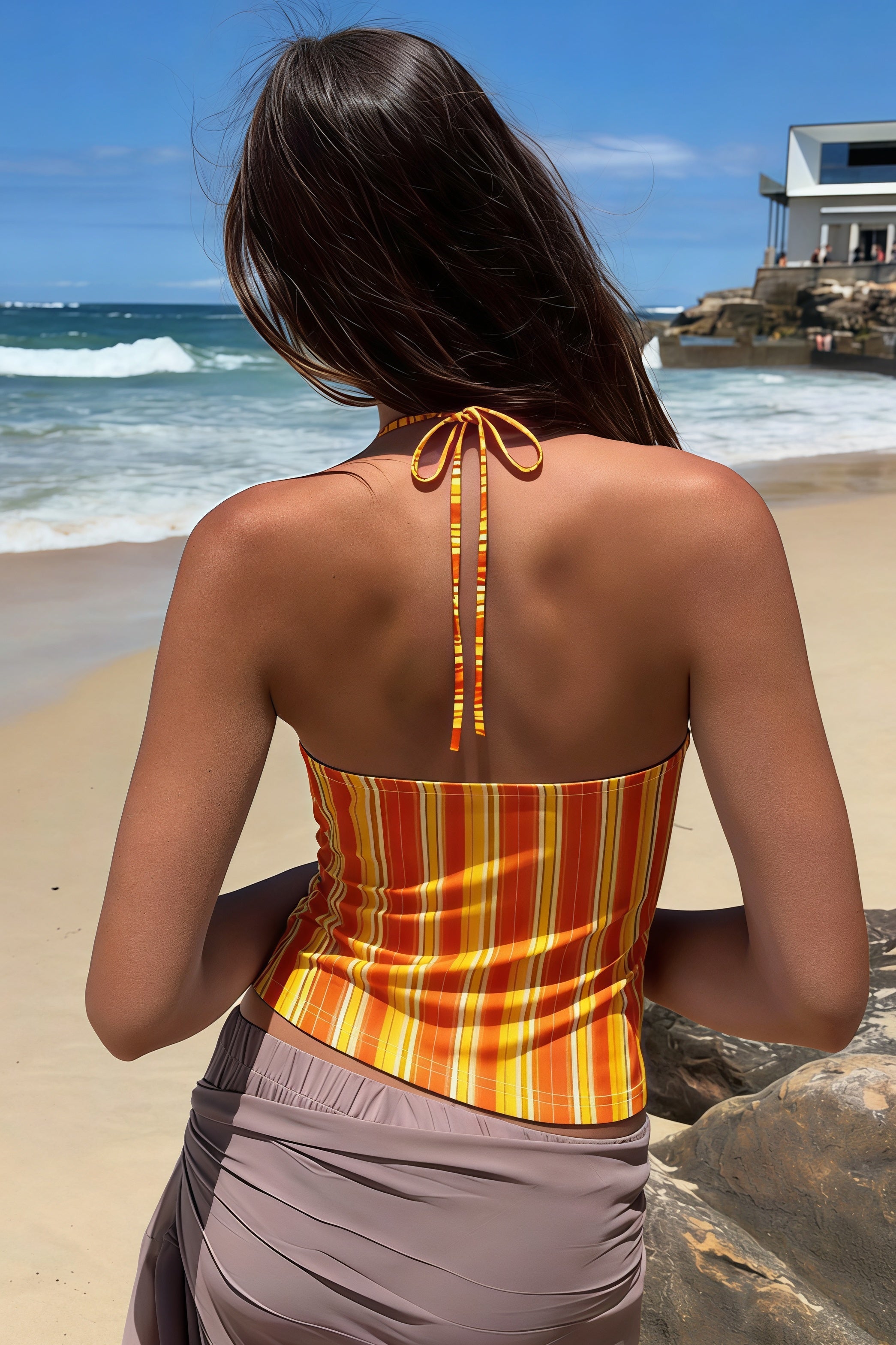 Lace Spliced Orange Striped Halter Top image 4
