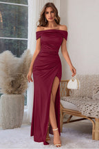Silk Satin Off Shoulder Slit Formal Dress image 5
