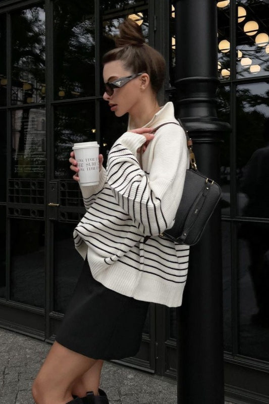 Striped Zip-Front Polo Knit Sweater image 3