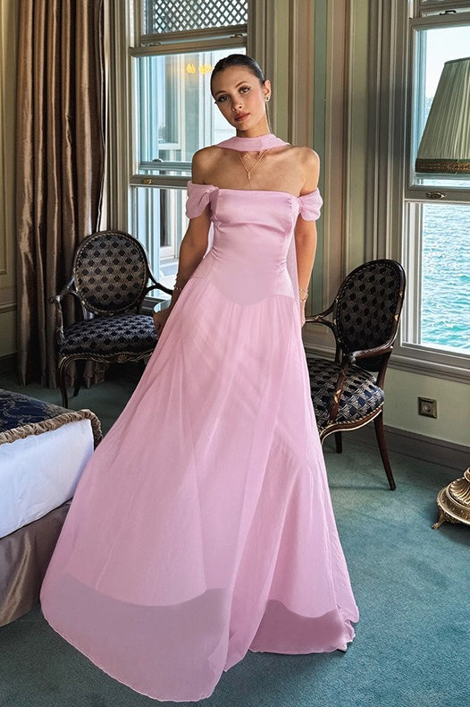Elegant Satin Mesh Off Shoulder Prom Dress image 1