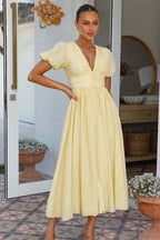 Solid V Neck Puff Sleeve Flared Midi Dress image 2