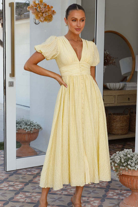 Solid V Neck Puff Sleeve Flared Midi Dress image 2