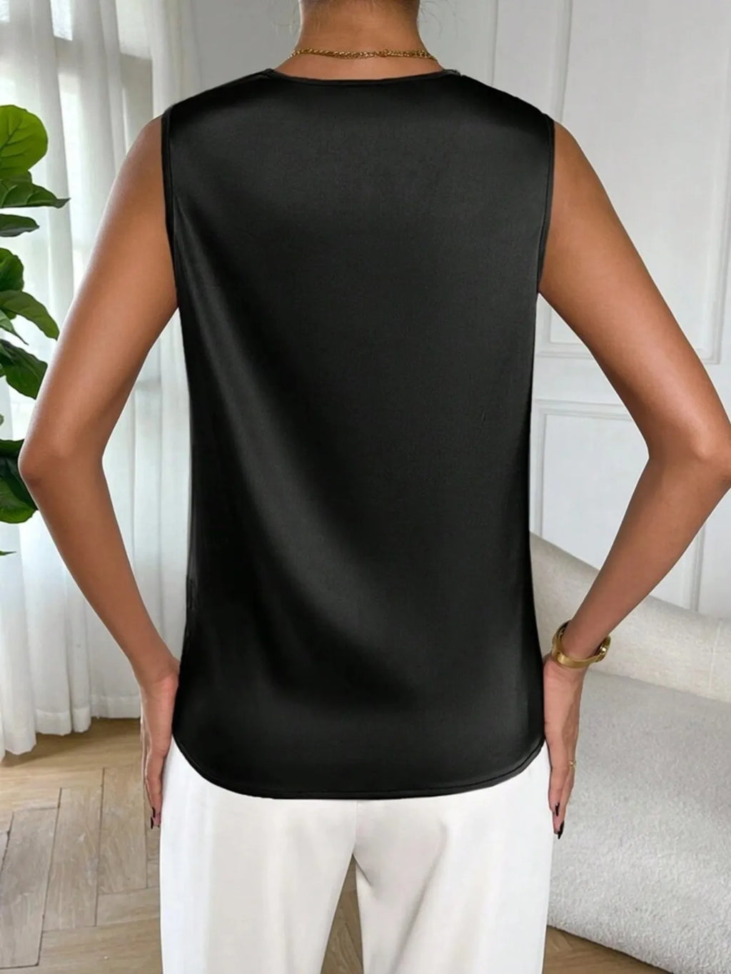 Marisol Satin Blouse detail view styled for Avrienne