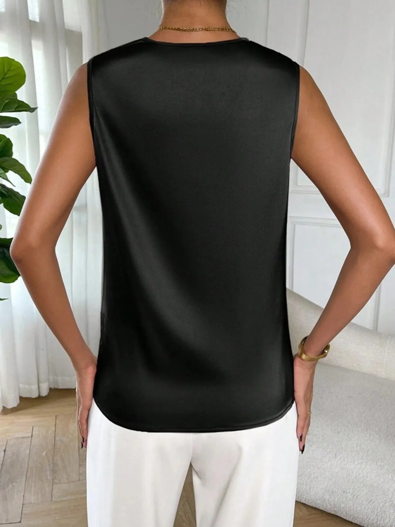 Marisol Satin Blouse detail view styled for Avrienne