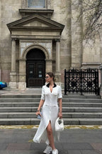 Single Breasted V Neck Knitted Slit Peter Pan Collar Midi Dress image 12