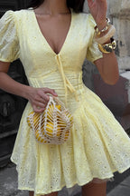 Cotton Yellow Embroidered Tie Waist Mini Dress image 2
