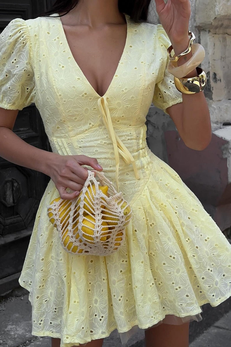 Cotton Yellow Embroidered Tie Waist Mini Dress image 2