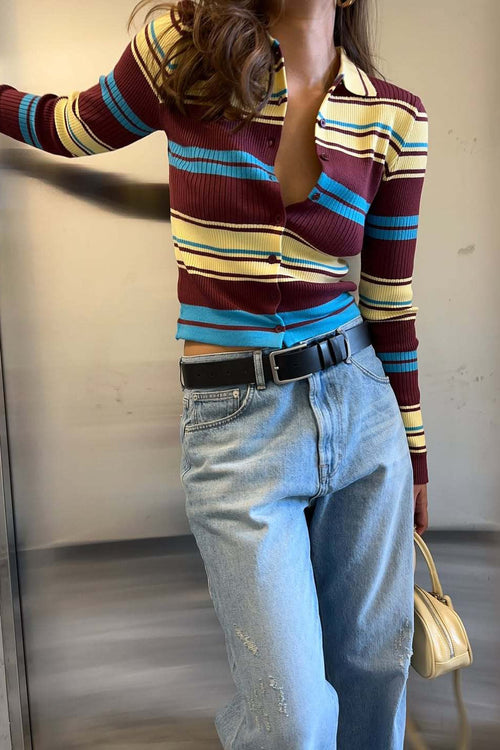 Button Front Stripe Retro Collar Slim Long Sleeve Knit Cardigan image 1