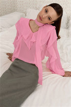 Elegant Solid Chiffon Ruffled Tie Blouse image 8
