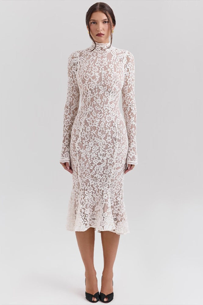 Round Neck Lace Long Sleeve Mermaid Midi Dress image 4