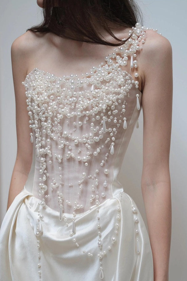 Strapless Satin Heavy Pearl Prom Dress image 4