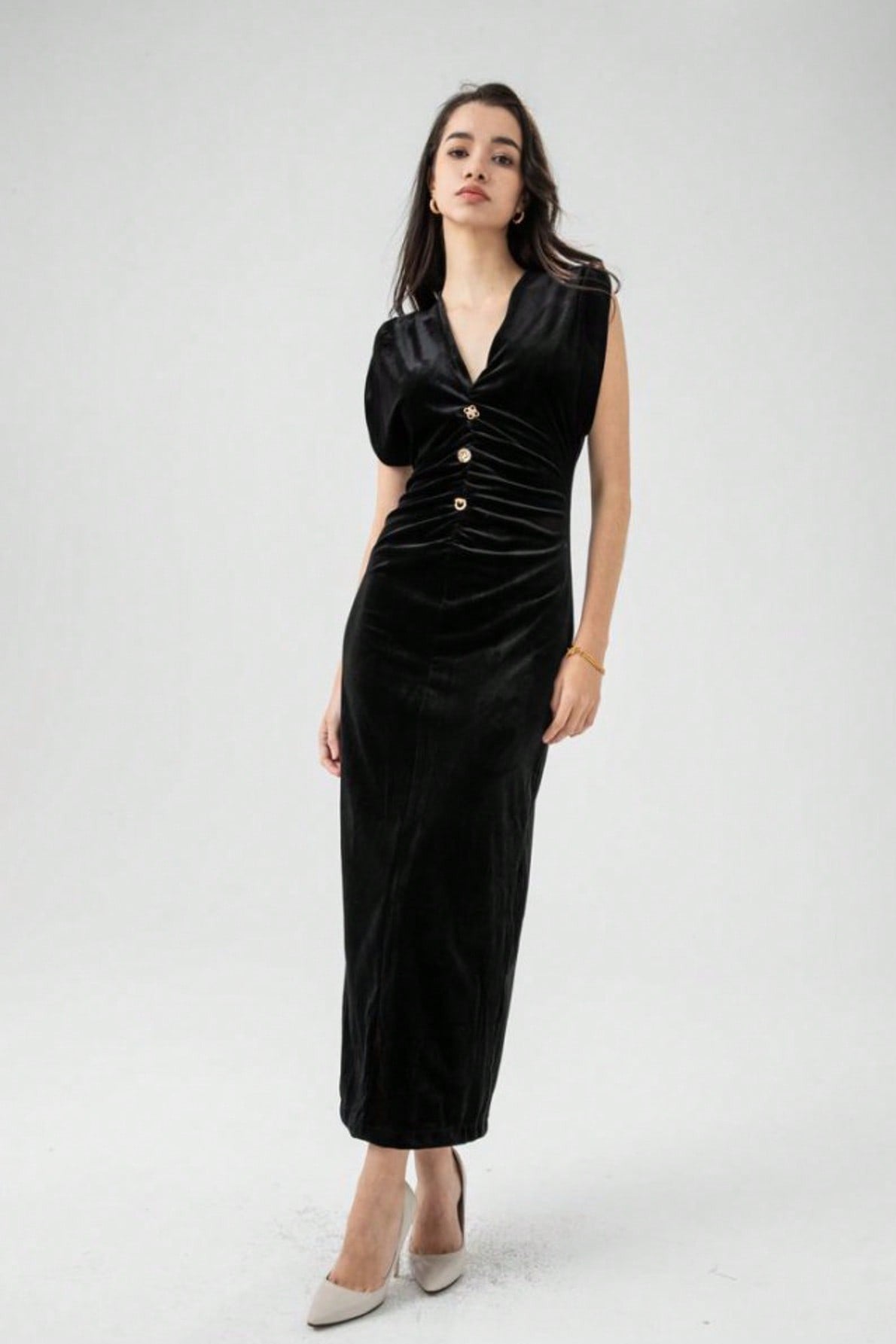 Velvet Ruched V-Neck Bodycon Midi Dress image 2