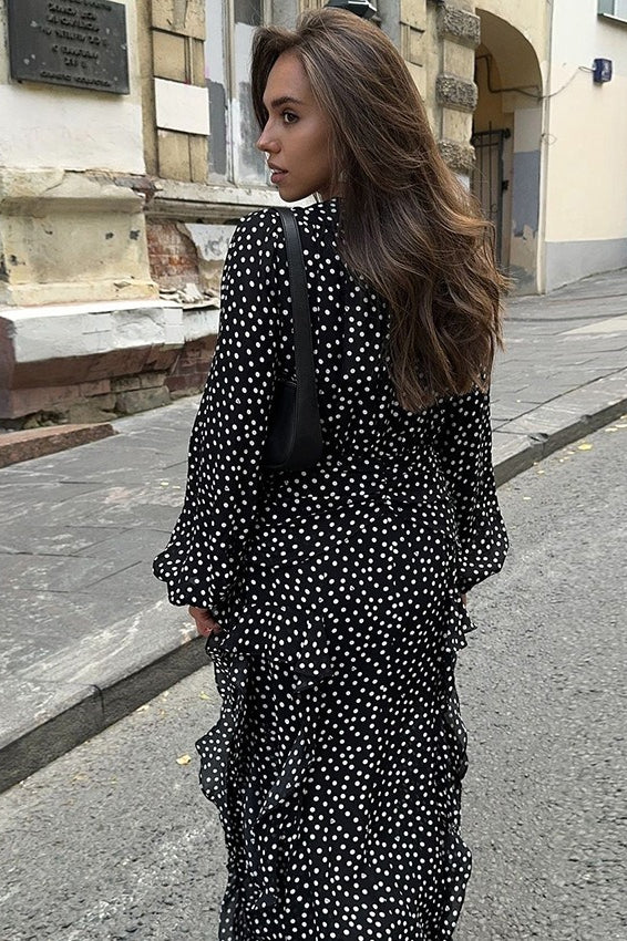 Vintage V-Neck Polka Dot Puff Sleeve A-Line Maxi Dress image 3