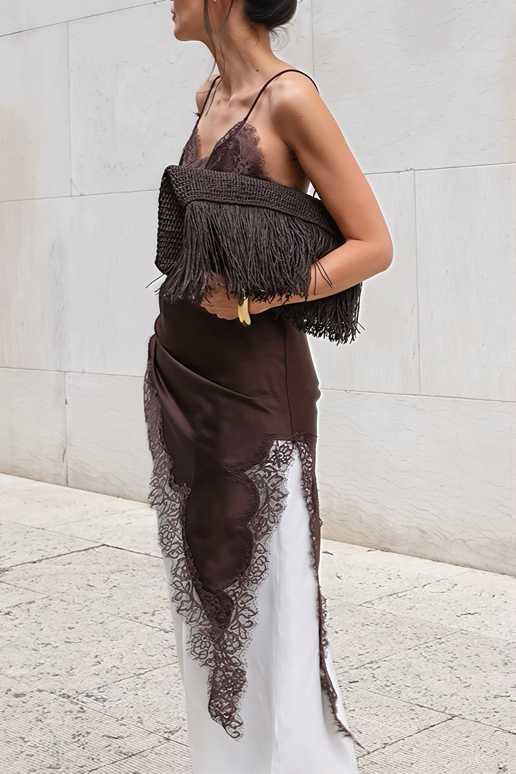 Satin Slip Dress Lace Panel Side Slit Cami Top image 5