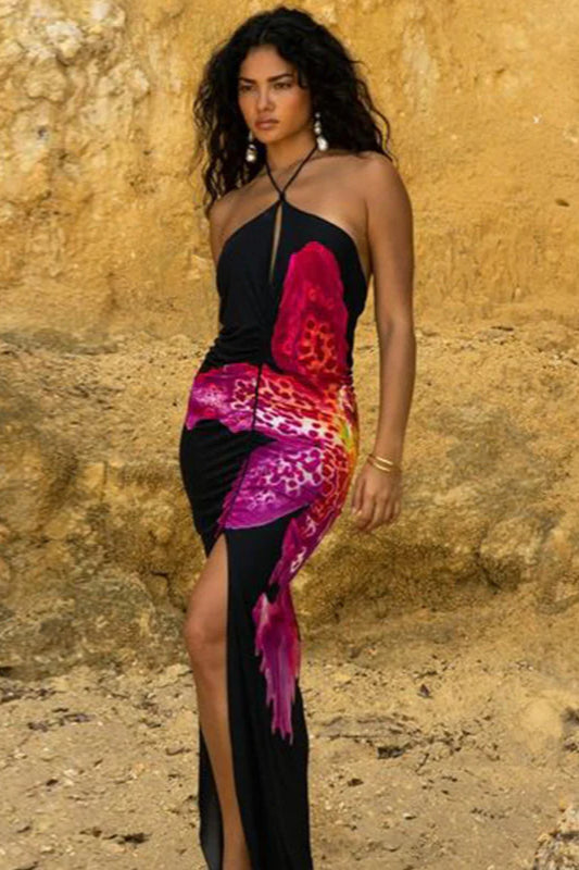 Sexy Halter V-neck Floral Print High Slit Bodycon Maxi Dress image 4