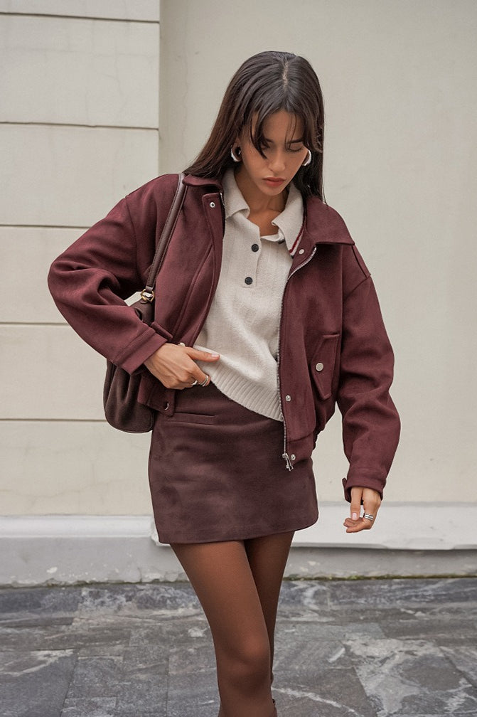Loose Fit Red-Brown Suede Jacket image 3