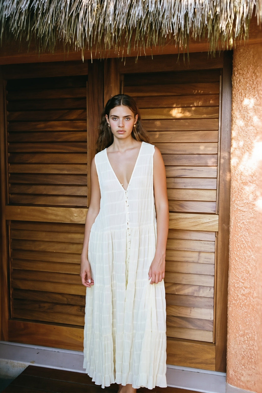 Sexy Solid Chiffon V Neck Button Swing Maxi Dress image 4
