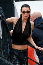 Loose V Neck Halter Solid Waist Button Backless Tank Top image 4