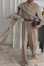 Vintage Chic Lapel Scarf Top & Wide Leg Pants Two Piece Set image 4
