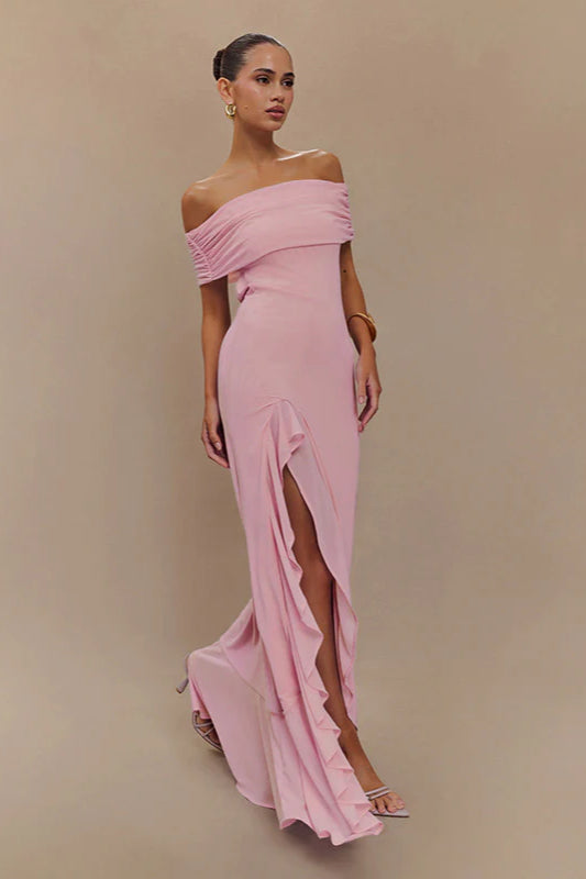 Off-Shoulder Ruffle Mesh Split Maxi Party Dress image 4
