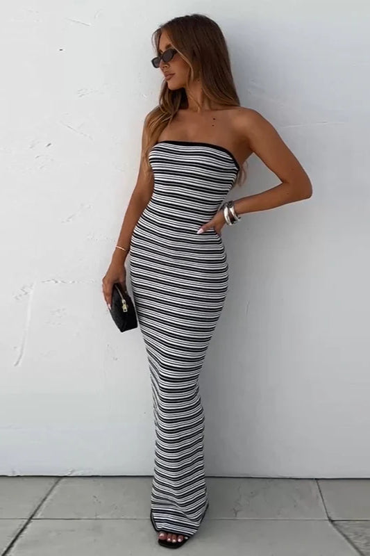 Strapless Waist Cinching Bodycon Stripe Maxi Dress image 3