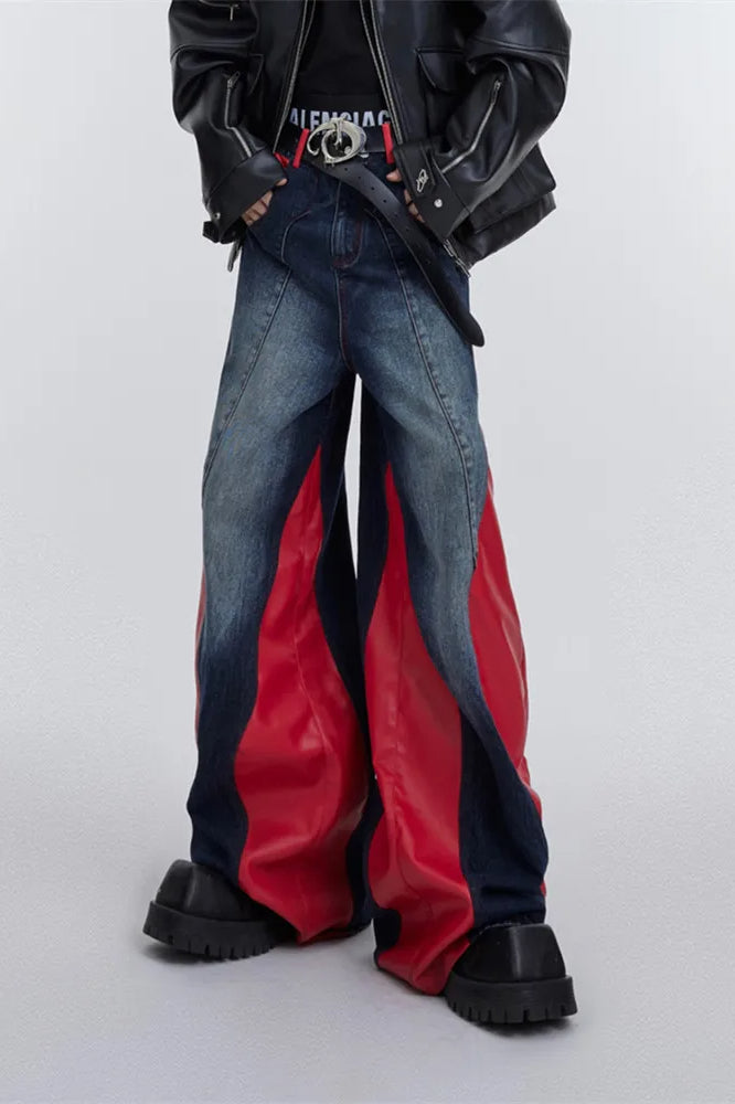 Wide Leg PU Leather Patchwork Jeans image 2