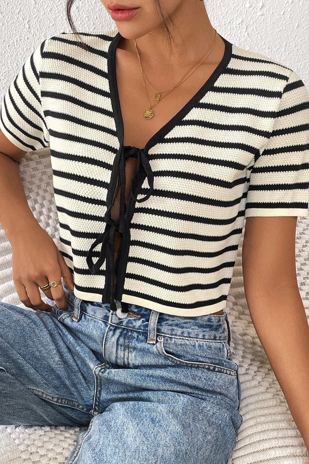 Striped Tie-Front Knit Short Sleeves Cardigan image 3