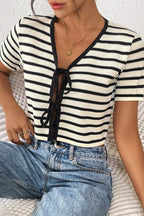 Striped Tie-Front Knit Short Sleeves Cardigan image 3
