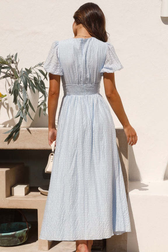 Solid V Neck Puff Sleeve Flared Midi Dress image 9