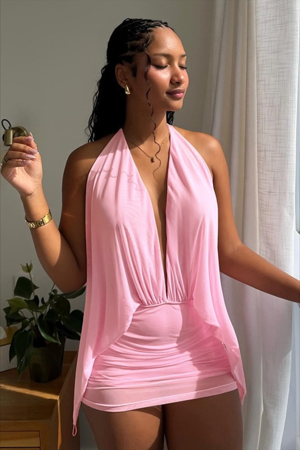 Solid Mesh Halter Backless Mini Dress image 3