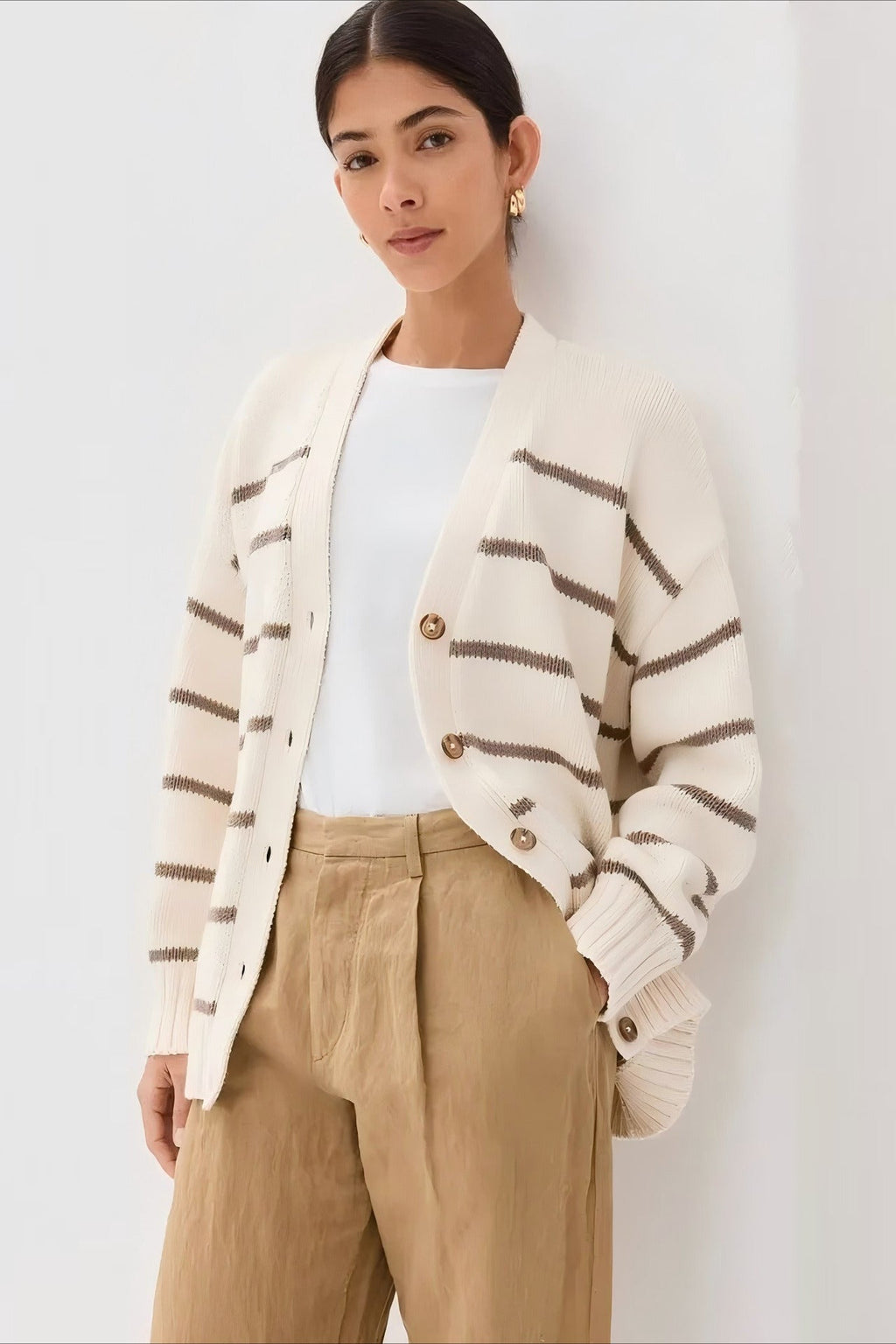 Flattering Striped V Neck Relaxed Knit Cardigan image 4