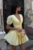 Cotton Yellow Embroidered Tie Waist Mini Dress image 1