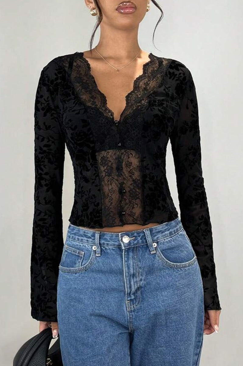 Lace Paneled Leopard Print Ruffled Cardigan Blouse image 4
