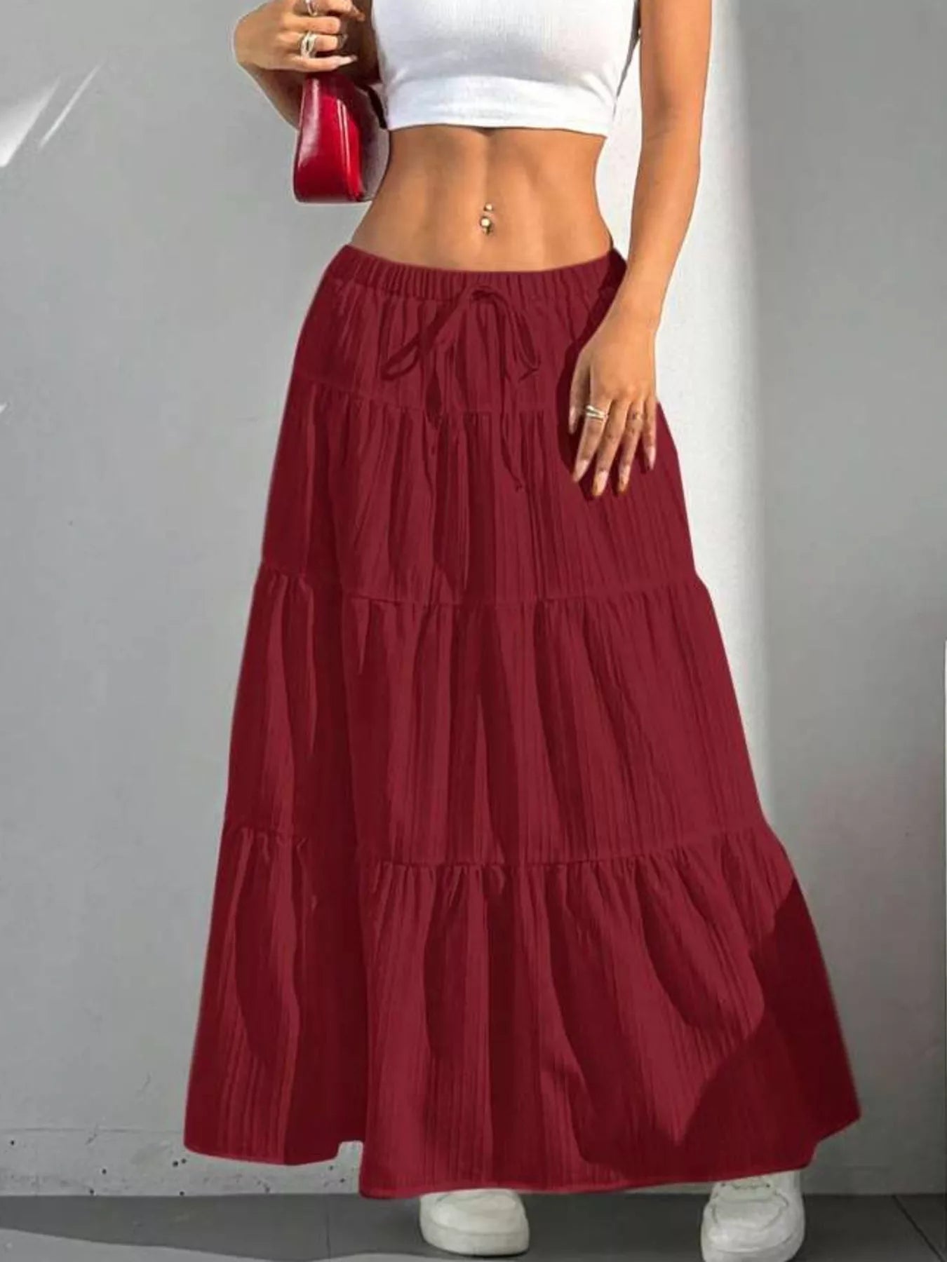 Capri Tiered Maxi Skirt detail view styled for Avrienne