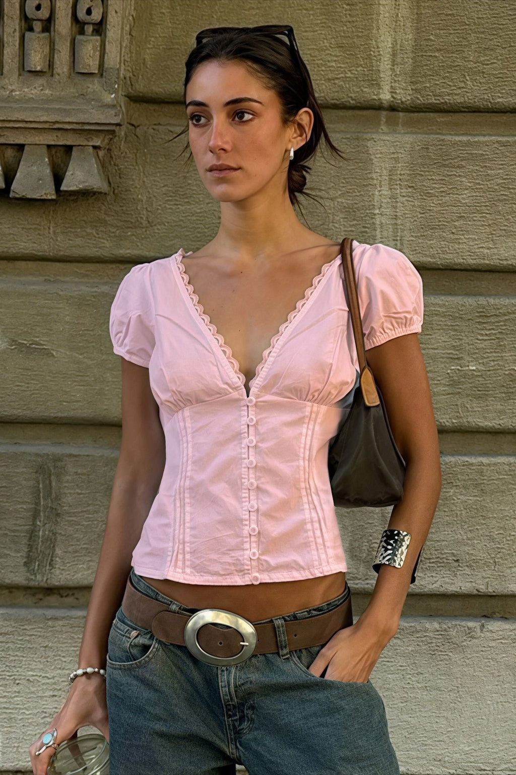 Lace Patchwork V Neck Puff Sleeve Blouse image 6