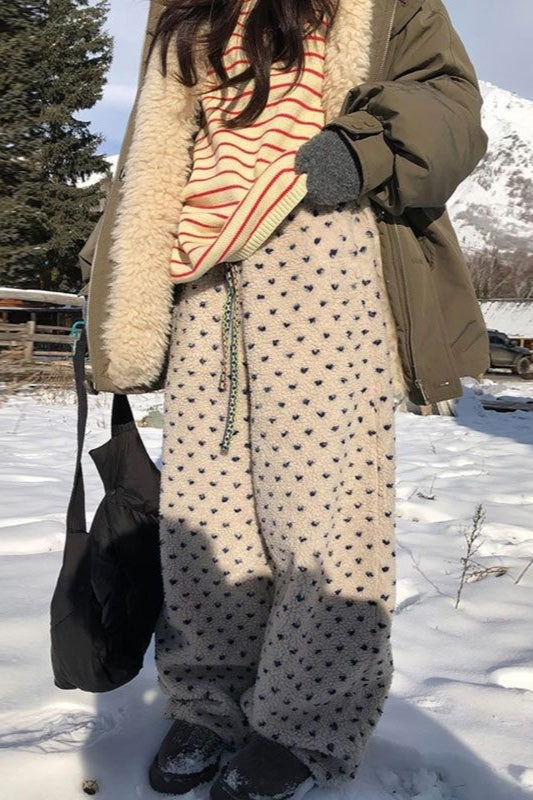 Warm Thickened Polka Dot Fleece Drawcord Pants image 1