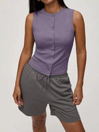 Elara Button Tank detail view styled for Avrienne