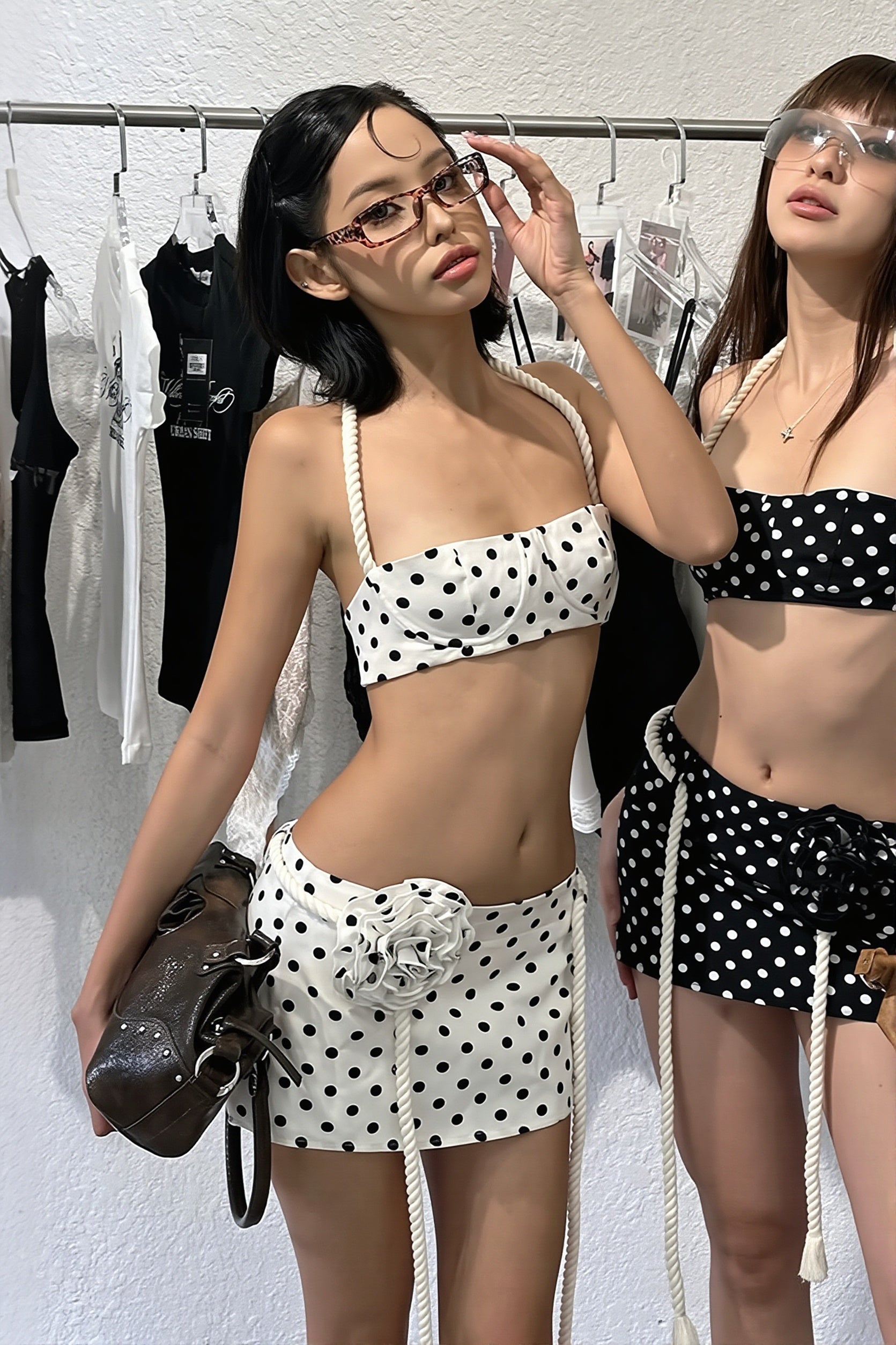 Chic Polka Dot Halter Neck Crop Top Midi Skirt Two Piece Set image 4