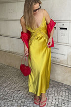 Satin Lace Trim Asymmetrical Sheer Backless Maxi Dress image 2