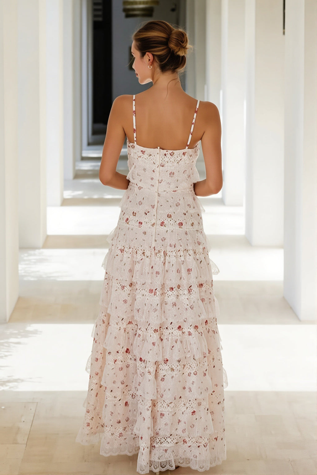 Sexy Lace Trim Print Tiered Ruffle Hem Cami Maxi Dress image 2